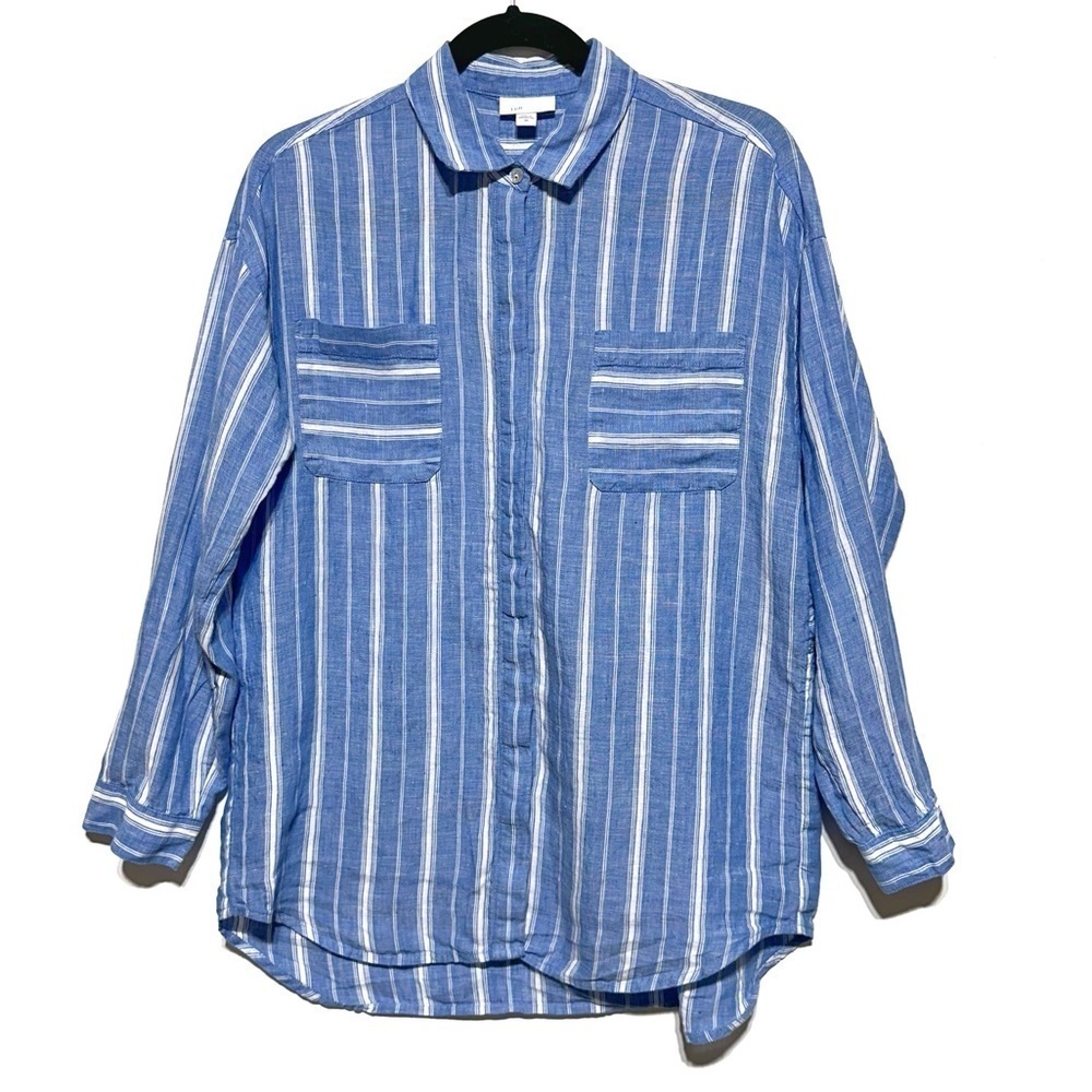 J. Jill Love Linen Button Down Shirt Long Sleeves Stiped Blue /White Size XS